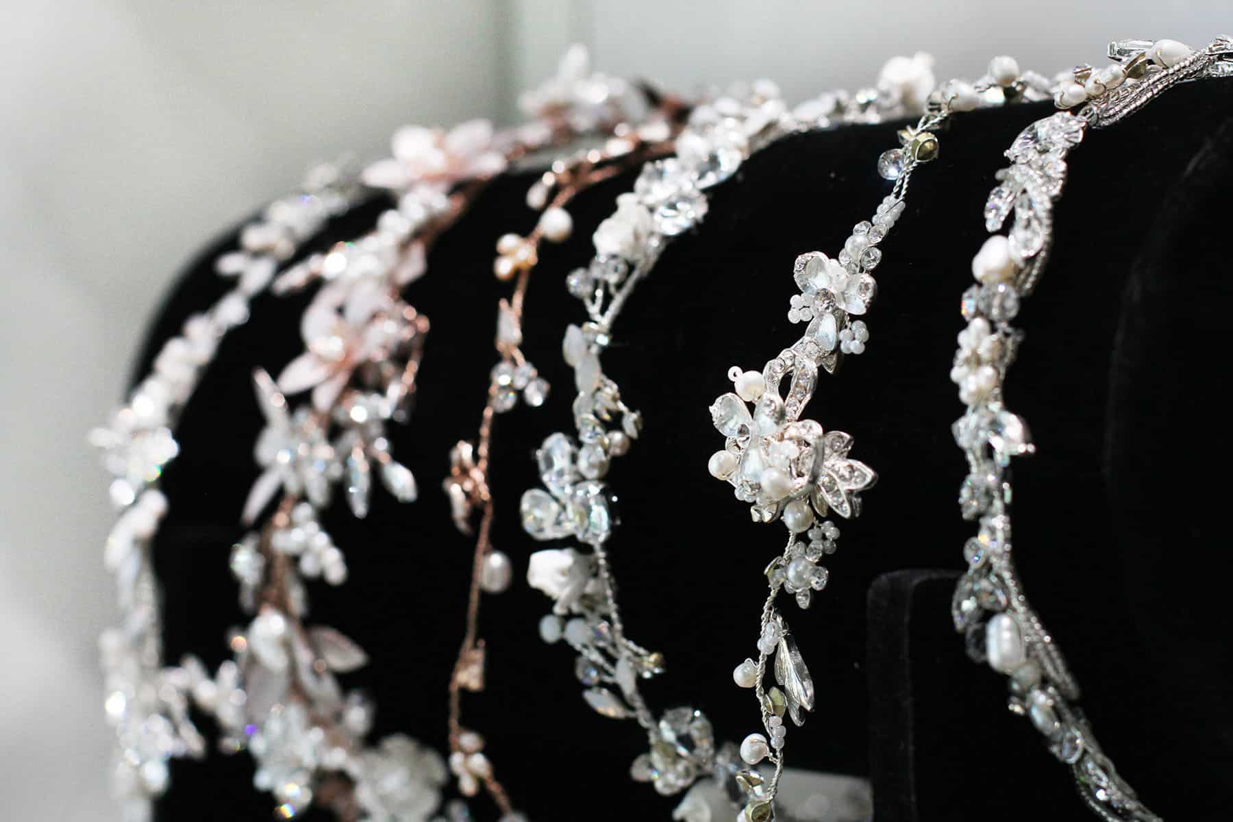 Bridal tiaras lined up on display