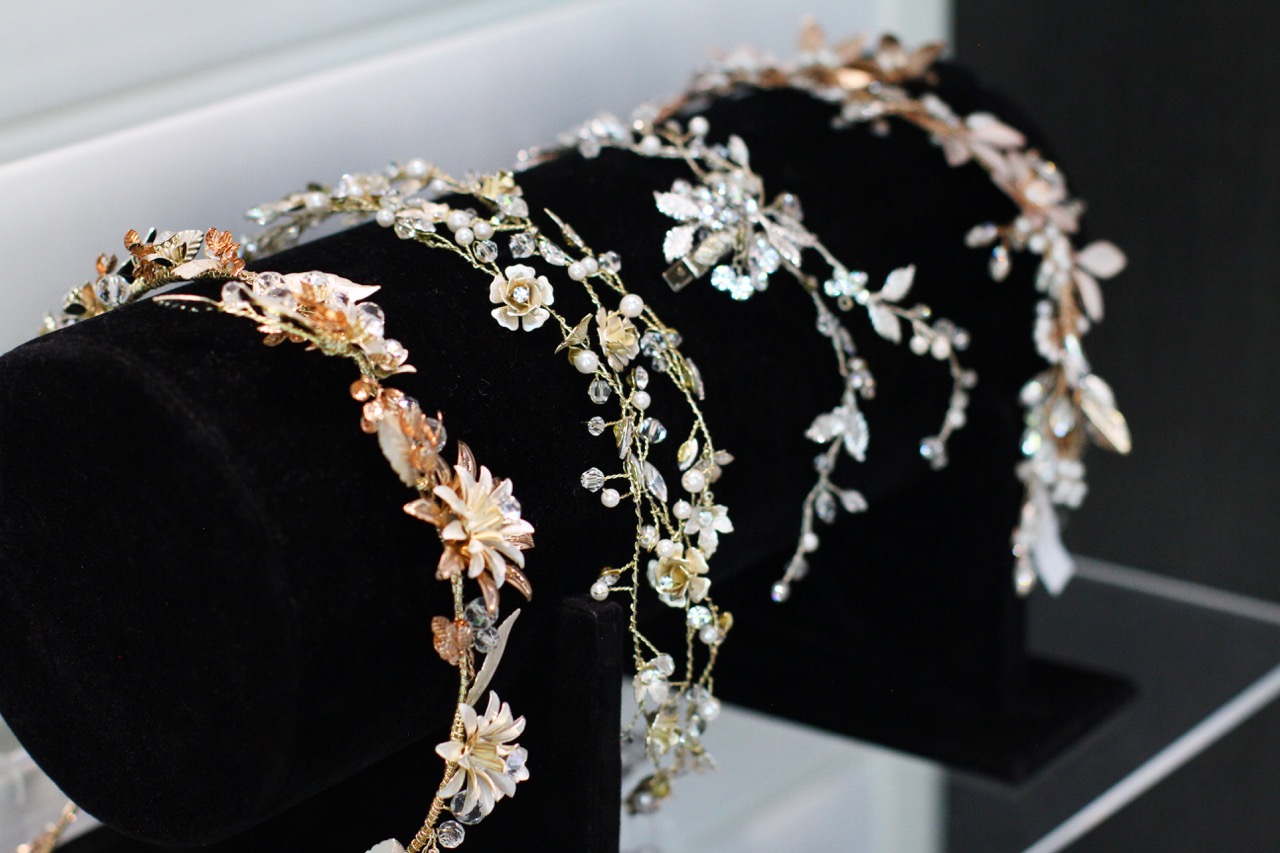 Set of bridal headbands hanging on display