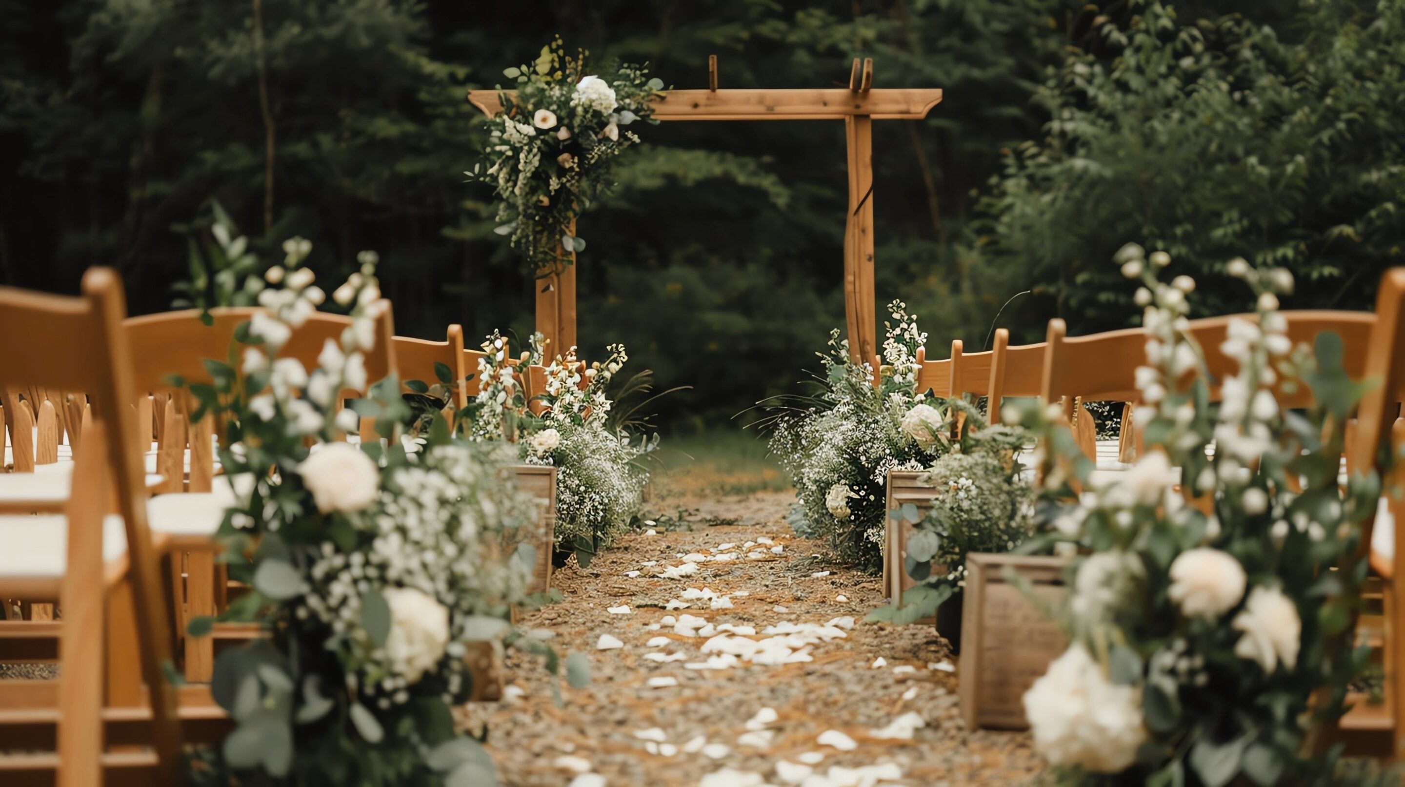 Outdoor wedding ceremony with white floral arrangements