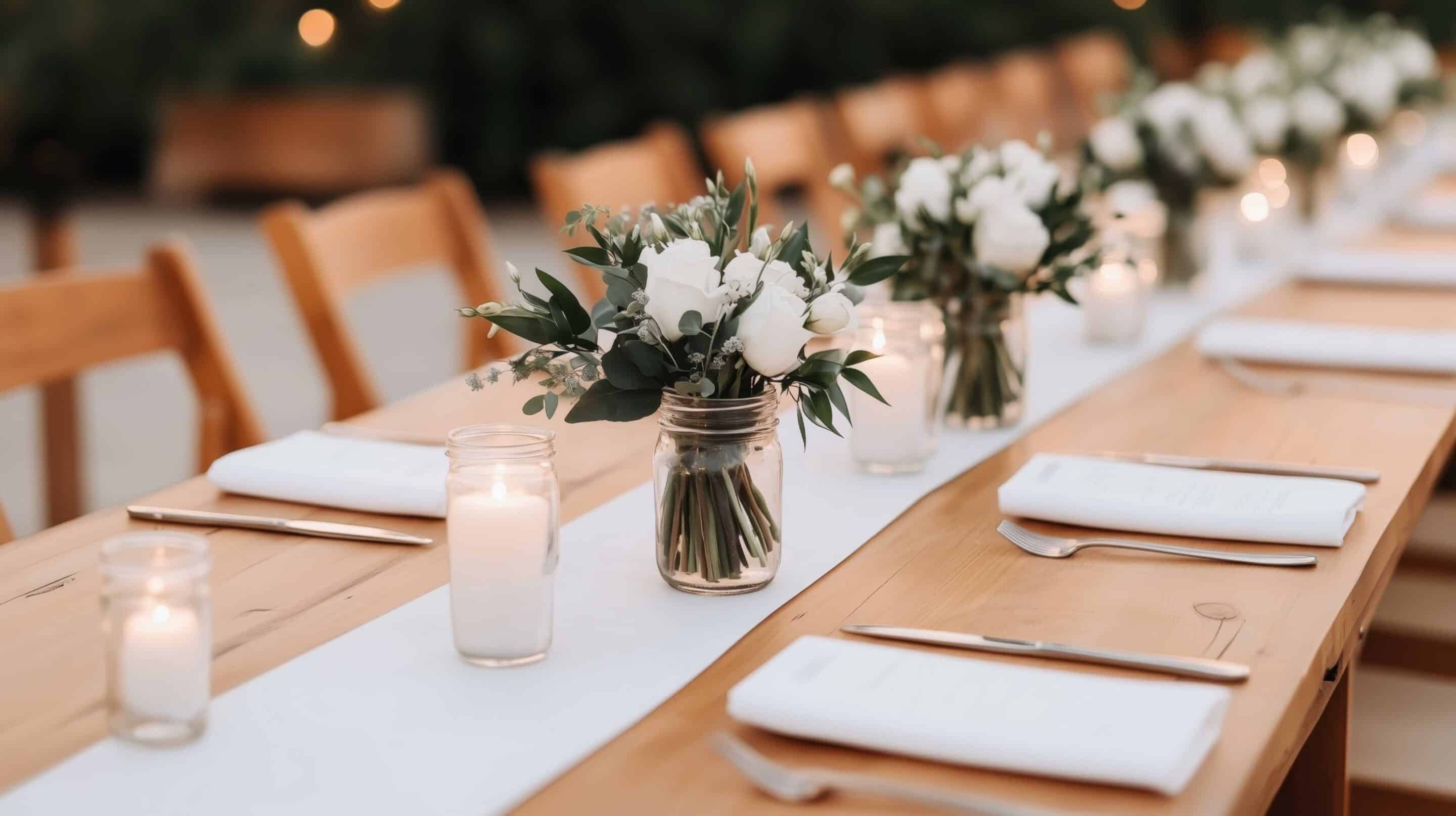 simple rustic wedding table setting with florals and candles